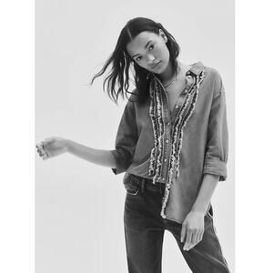 Anthropologie Pilcro Juni Ruffled Denim Button Down Shirt S Chambray Black Gray